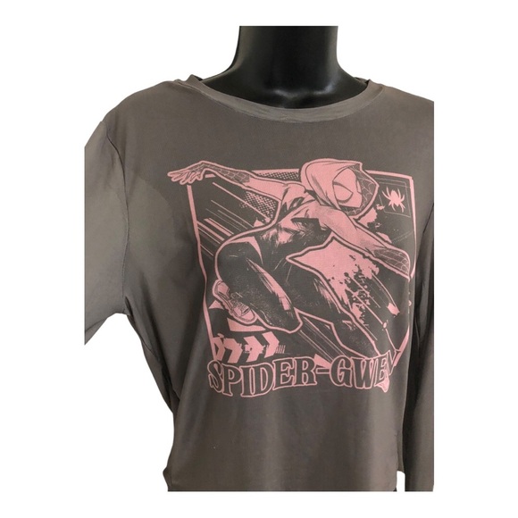 Marvel’s Spiderman Gwen olive green brown pink graphic print sheer mesh top sz L - Picture 15 of 16